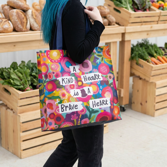 A Kind Heart Is A Brave Heart Reusable Market Tote Bag | Floral Eco-Friendly Shopping Bag | 15.50" x 15.25" x 6"