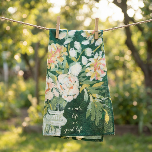 A Simple Life is a Good Life Kitchen Towel | Floral Cotton Hand Tea Dish Cloth | 18" x 28"