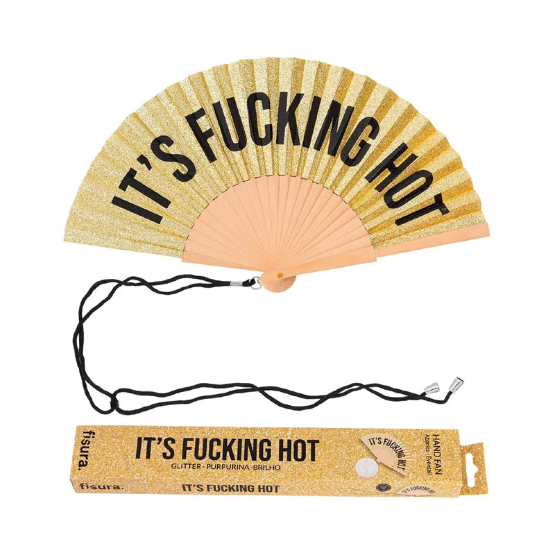 It's Fucking Hot Gold Glitter Wooden Hand Fan | Funny Hot Weather Foldable Fan-Fisura-The Bullish Store