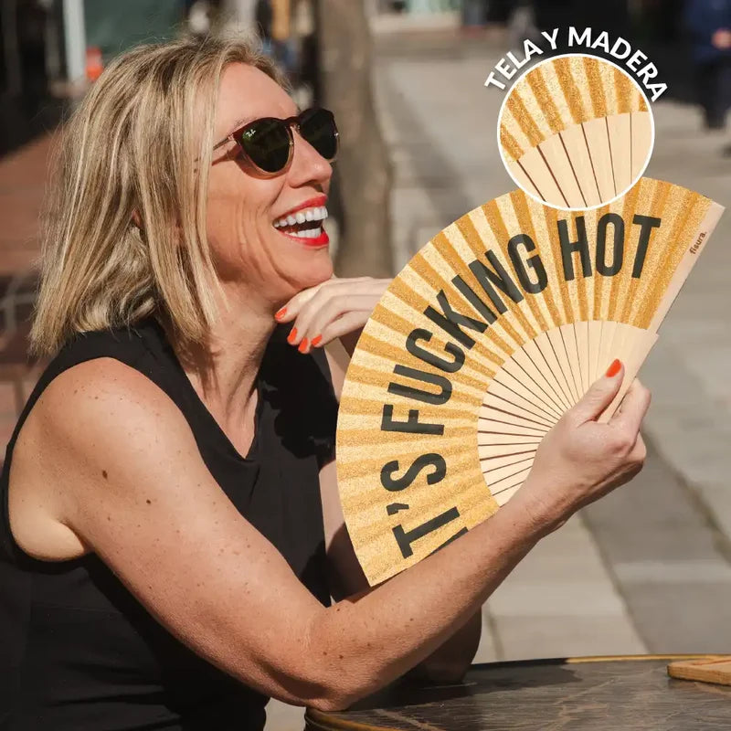It's Fucking Hot Gold Glitter Wooden Hand Fan | Funny Hot Weather Foldable Fan-Fisura-The Bullish Store