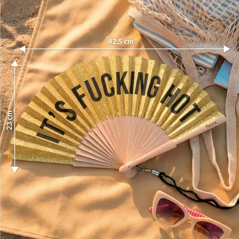 It's Fucking Hot Gold Glitter Wooden Hand Fan | Funny Hot Weather Foldable Fan-Fisura-The Bullish Store