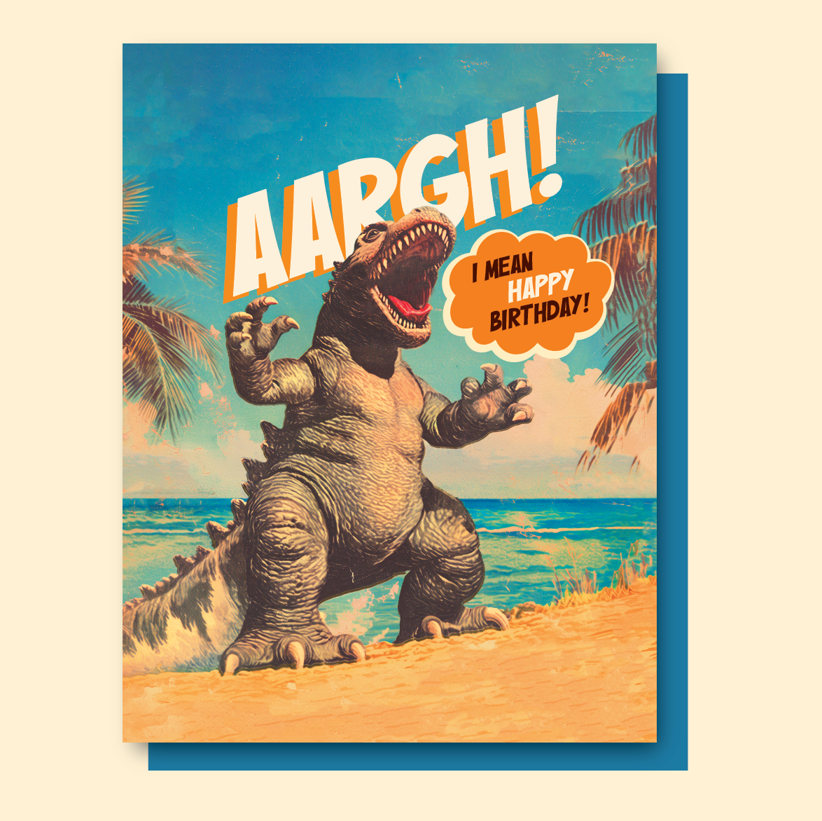 ARRRGH! I Mean, Happy Birthday! Godzilla Beach Birthday Card | Funny Monster Birthday Card