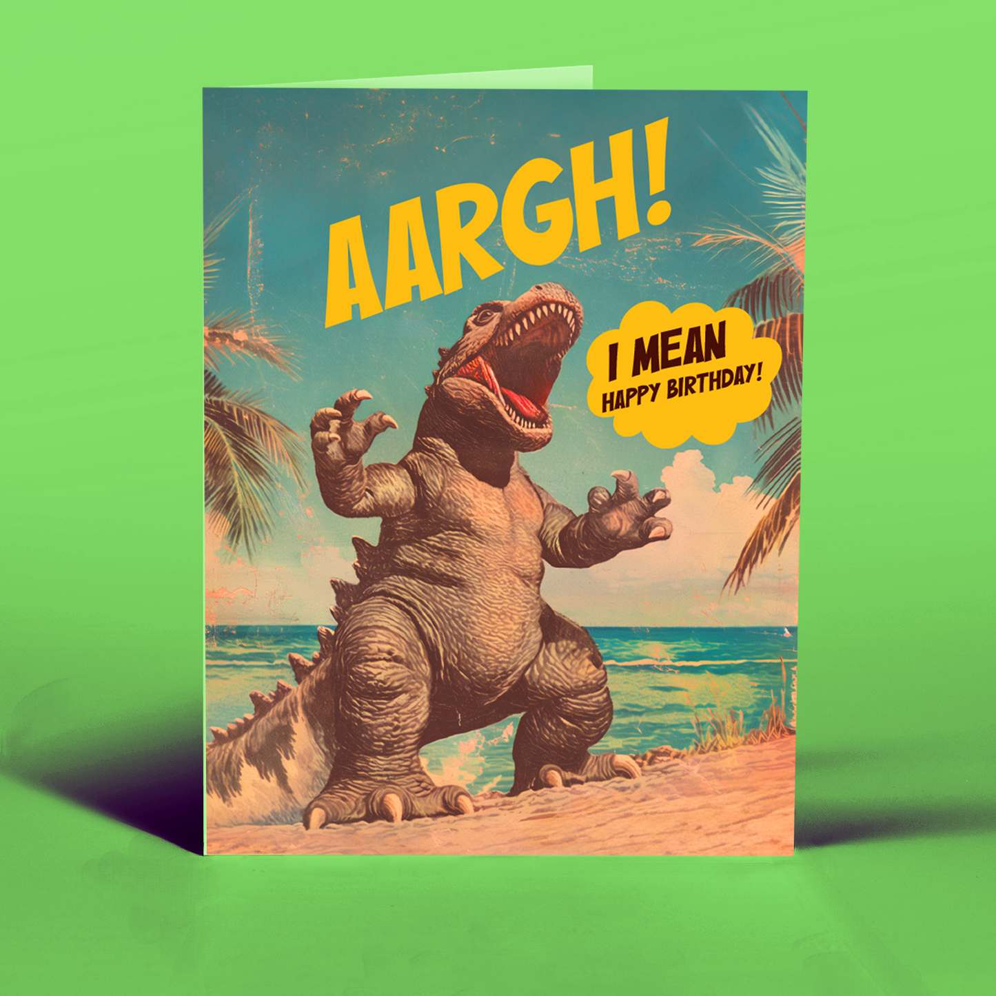 ARRRGH! I Mean, Happy Birthday! Godzilla Beach Birthday Card | Funny Monster Birthday Card