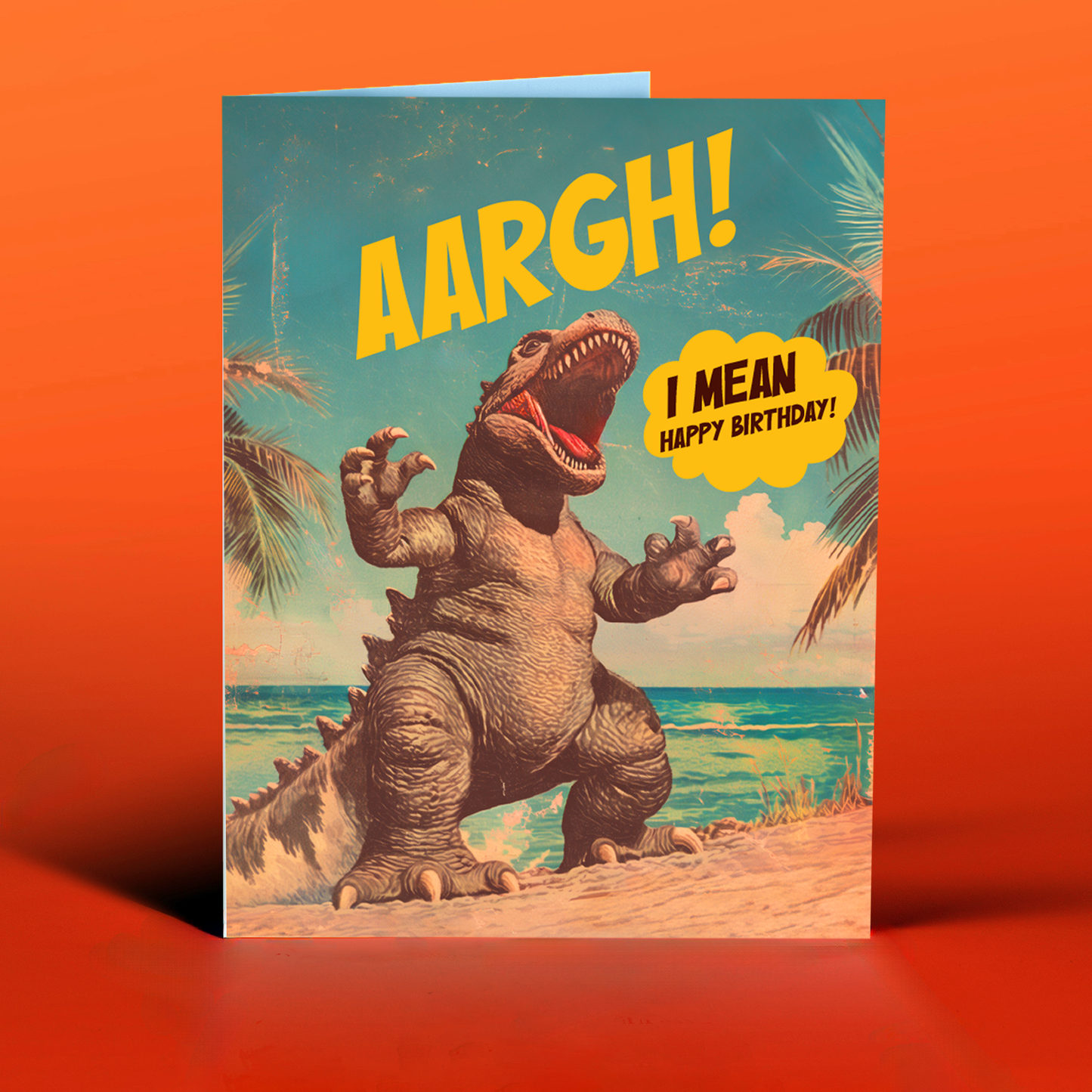 ARRRGH! I Mean, Happy Birthday! Godzilla Beach Birthday Card | Funny Monster Birthday Card