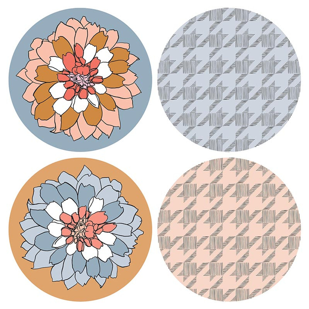 Achieve Ceramic Coaster Set | Set of 4 Floral & Houndstooth Design Beverage Coasters