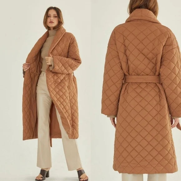 Adeline Quilted Puffer Wrap Coat in Khaki | Outerwear Robe Puffer Jacket [Size M/L Only]