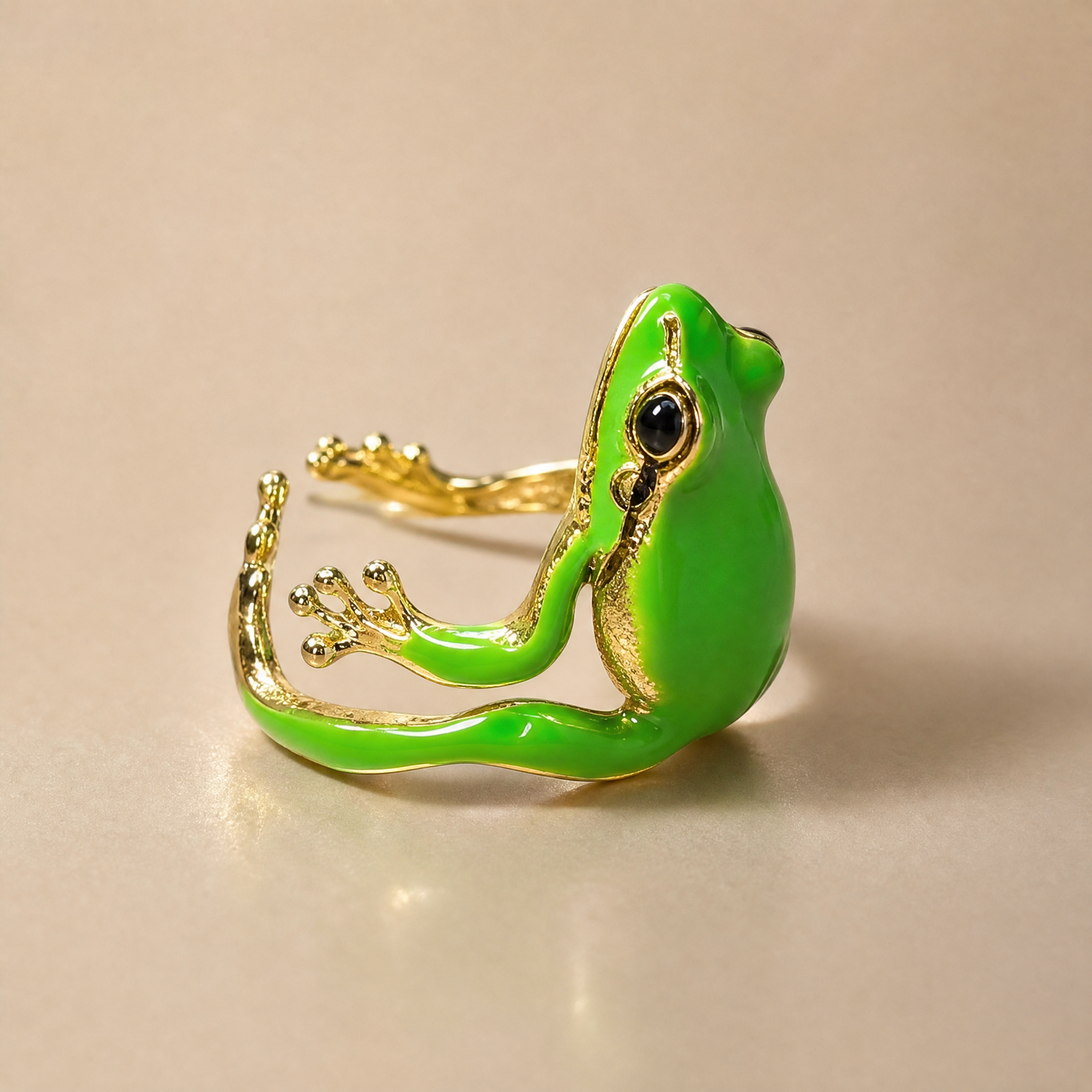 Adjustable Groovy Frog Ring | Green & Gold Metal Frog Wrap Ring