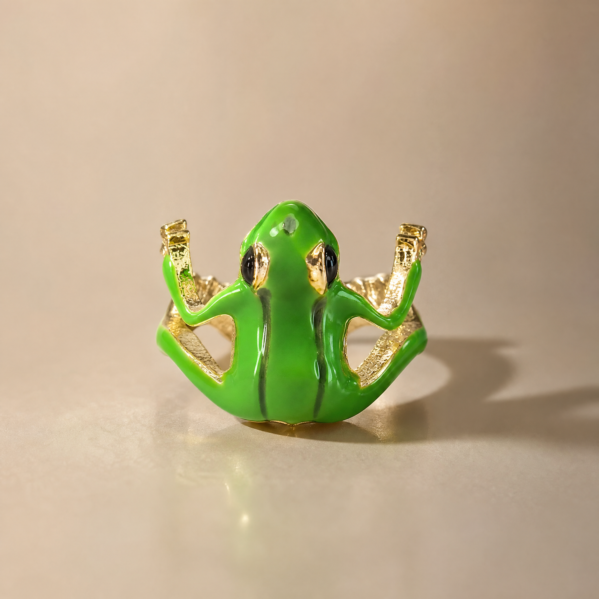 Adjustable Groovy Frog Ring | Green & Gold Metal Frog Wrap Ring
