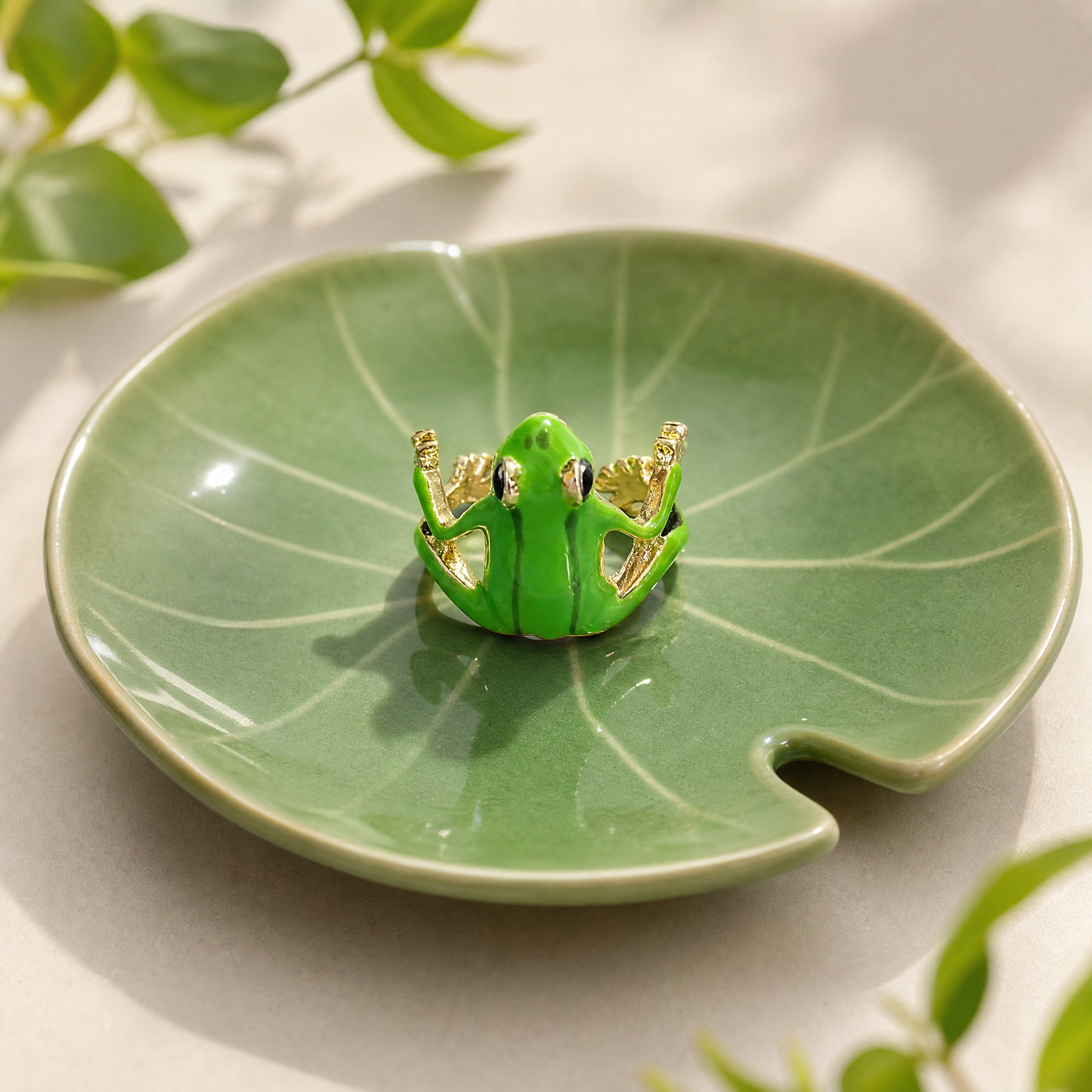 Adjustable Groovy Frog Ring | Green & Gold Metal Frog Wrap Ring