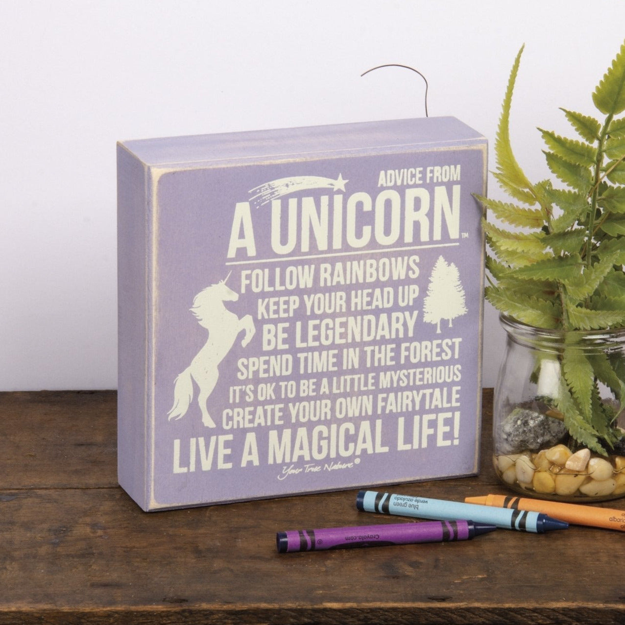 Advice From Unicorn Wooden Box Sign | Purple with White Lettering 6" x 6"