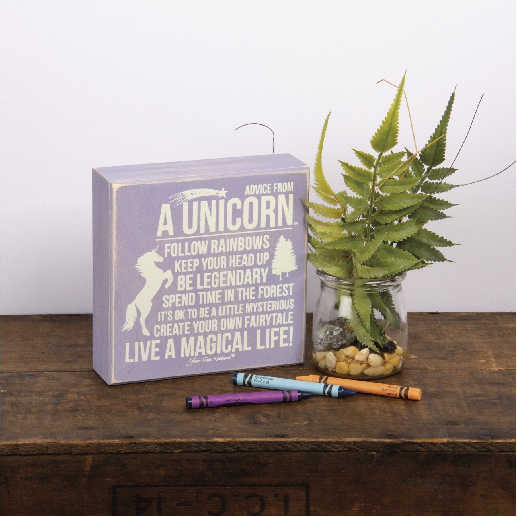 Advice From Unicorn Wooden Box Sign | Purple with White Lettering 6" x 6"