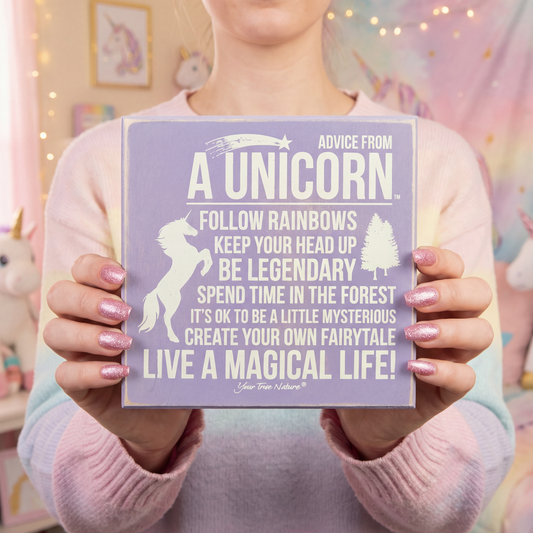 Advice From Unicorn Wooden Box Sign | Purple with White Lettering 6" x 6"