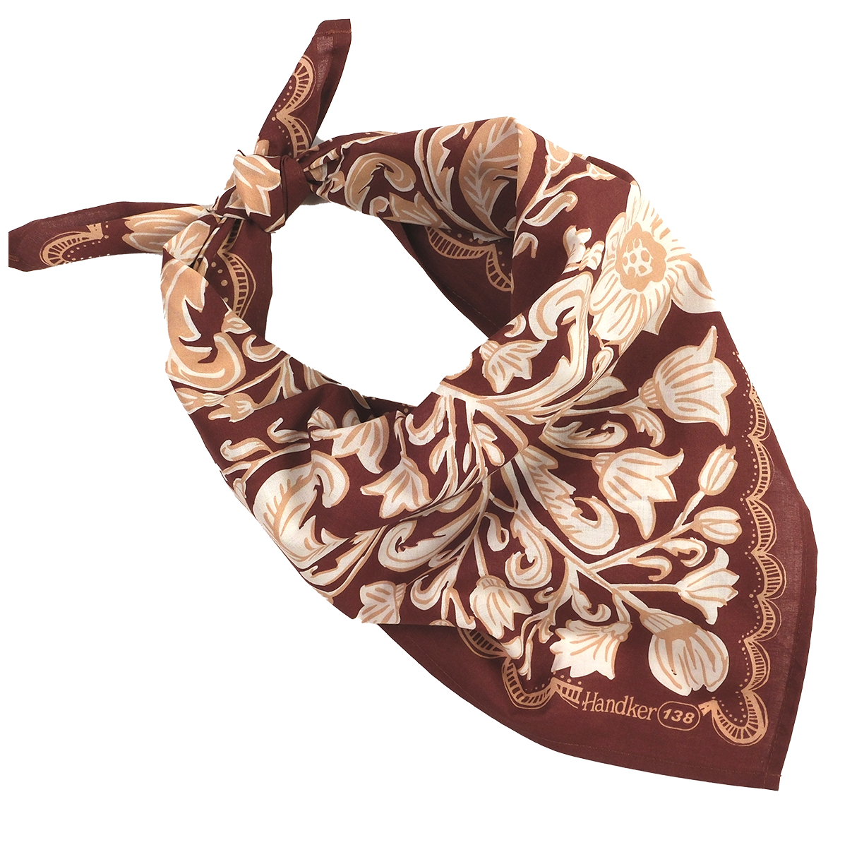 Agatha Bandana in Mahogany Red with Soft Peach & Cream Flowers | Handmade in India | Cotton Scarf Neckerchief | 22'' x 22''