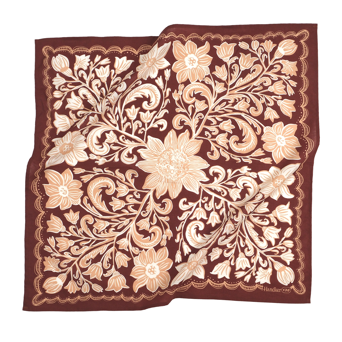 Agatha Bandana in Mahogany Red with Soft Peach & Cream Flowers | Handmade in India | Cotton Scarf Neckerchief | 22'' x 22''