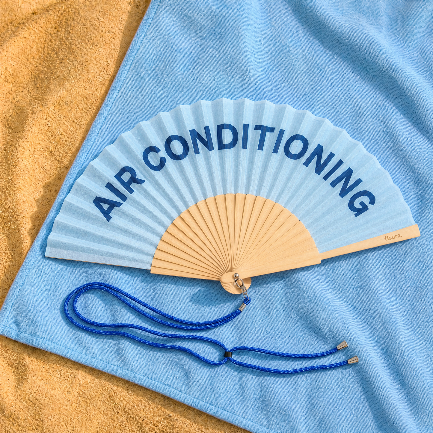 Air Conditioning Blue Wooden Hand Fan | Funny Hot Weather Foldable Fan