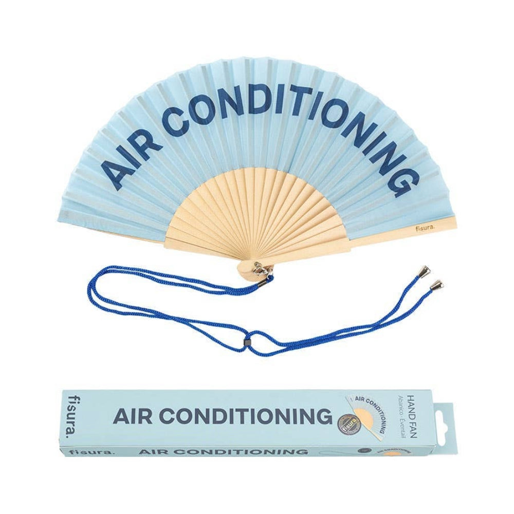 Air Conditioning Blue Wooden Hand Fan | Funny Hot Weather Foldable Fan