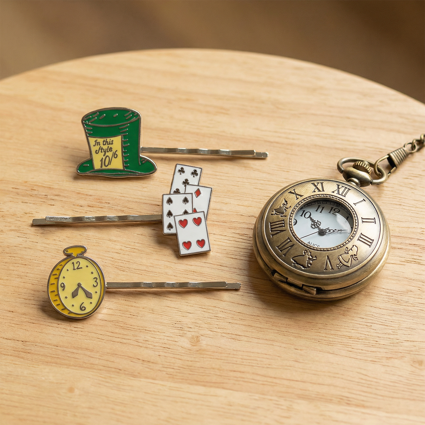 Alice in Wonderland Hair Pins Set | Cards, Mad Hatter Hat, White Rabbit Watch Bobby Pins