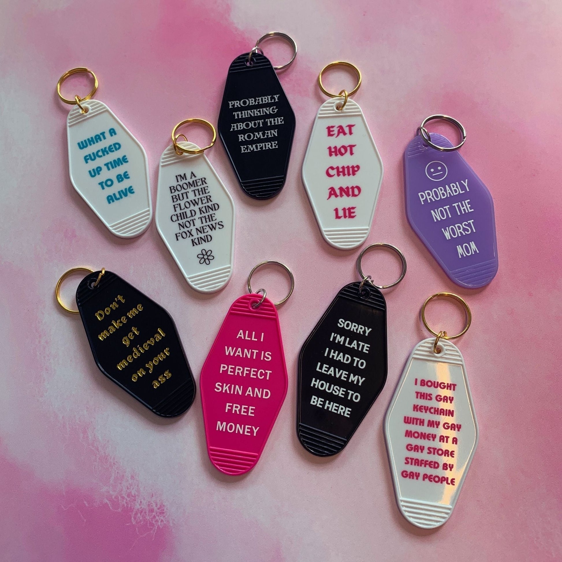 All I Want is Perfect Skin and Free Money Motel Style Keychain in Fuchsia Pink