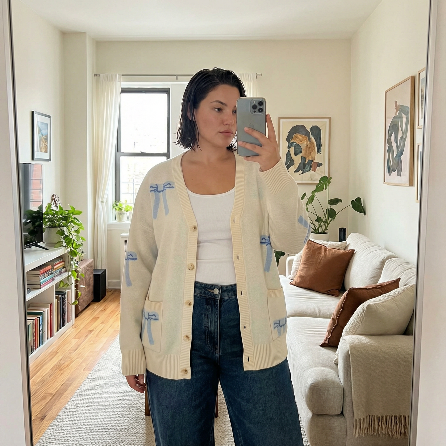 All Over Coquette Bow Knit Cardigan in Blue or Pink [Size Options: SM-XL]