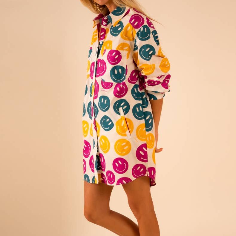 All Over Smiley Preslie Poplin Shirt Dress | Organic Cotton Beltable Dress or Tunic with Pockets