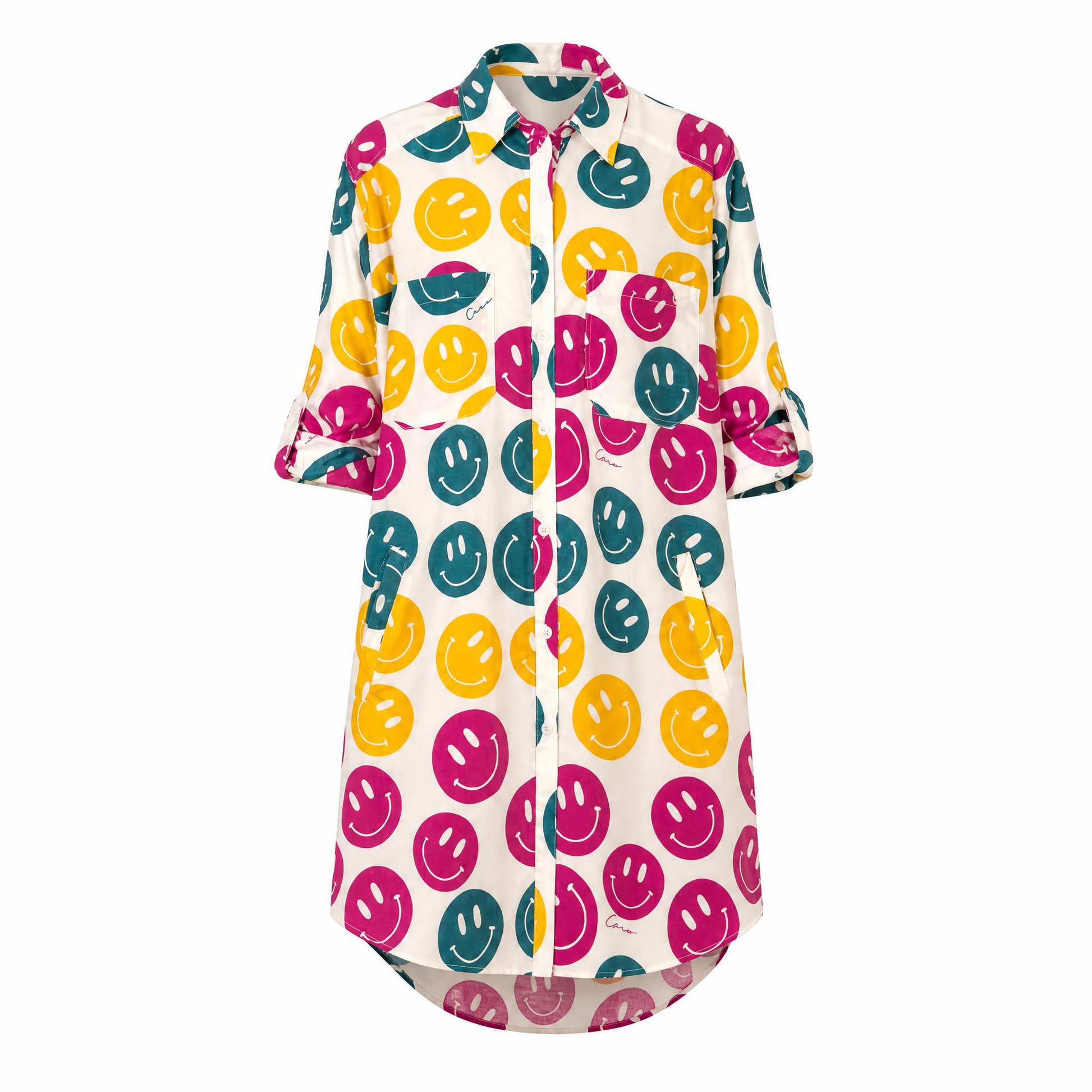 All Over Smiley Preslie Poplin Shirt Dress | Organic Cotton Beltable Dress or Tunic with Pockets