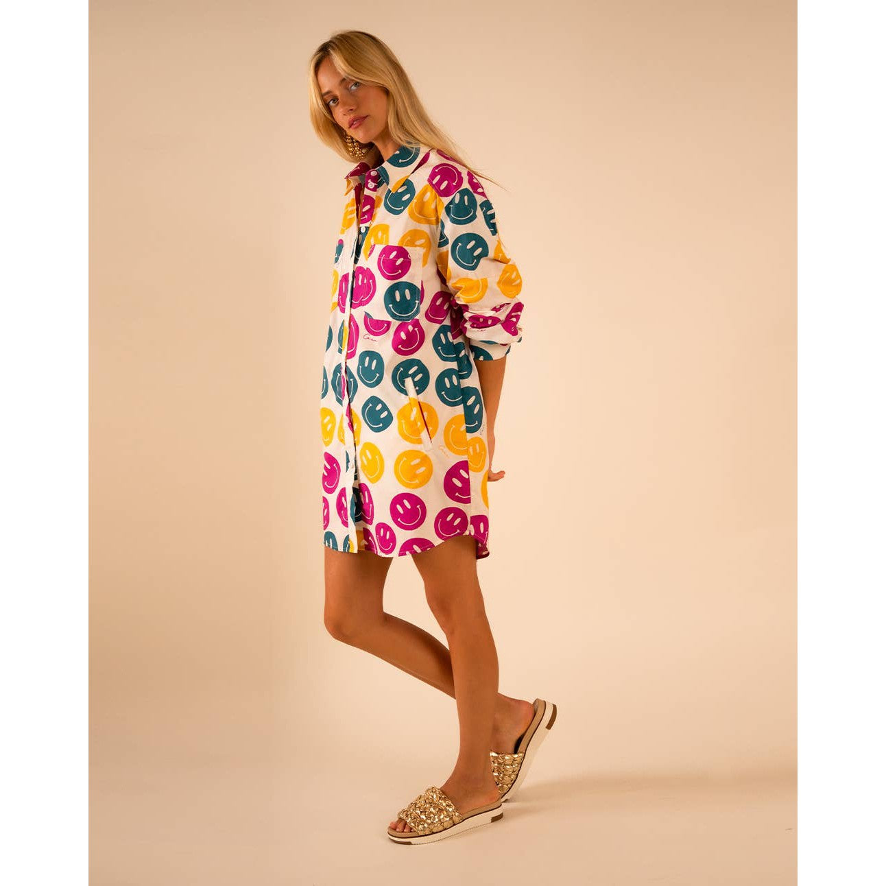 All Over Smiley Preslie Poplin Shirt Dress | Organic Cotton Beltable Dress or Tunic with Pockets