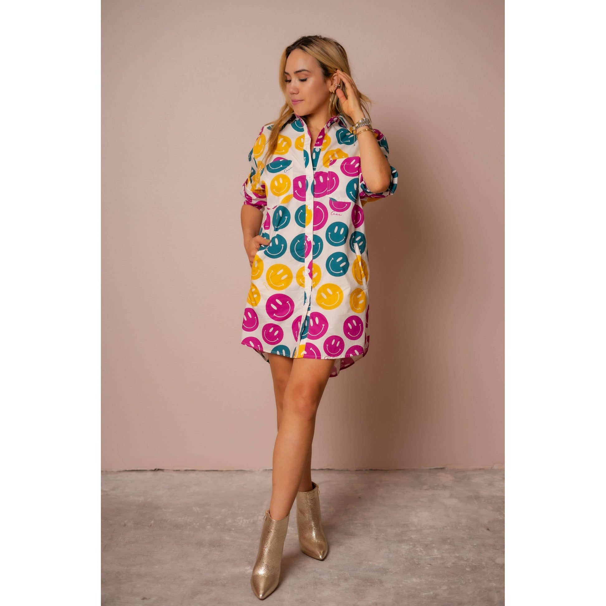 All Over Smiley Preslie Poplin Shirt Dress | Organic Cotton Beltable Dress or Tunic with Pockets