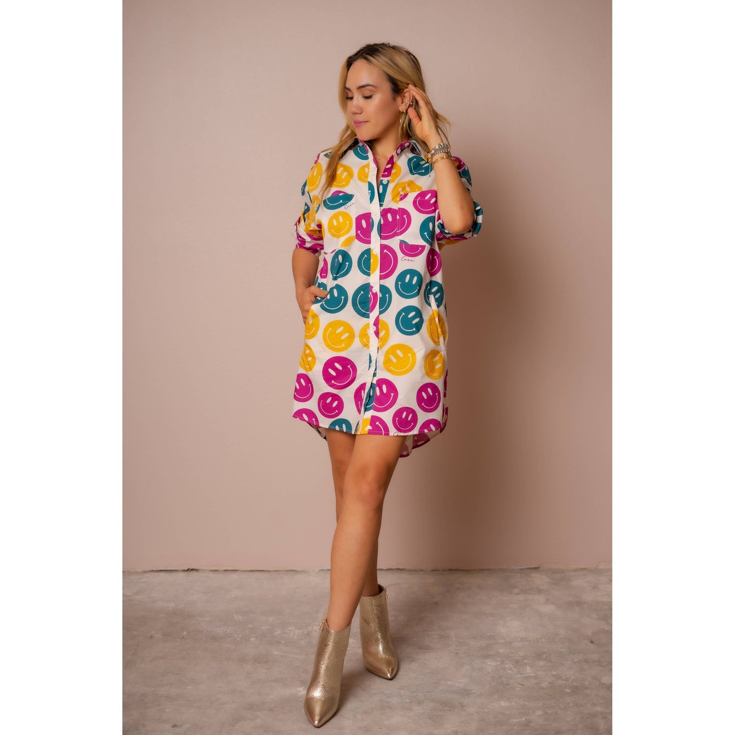 All Over Smiley Preslie Poplin Shirt Dress | Organic Cotton Beltable Dress or Tunic with Pockets