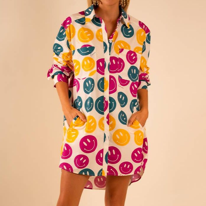 All Over Smiley Preslie Poplin Shirt Dress | Organic Cotton Beltable Dress or Tunic with Pockets