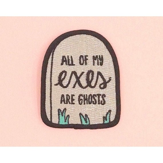 All of My Exes Are Ghosts Iron On Patch in Tombstone Shimmery Grey