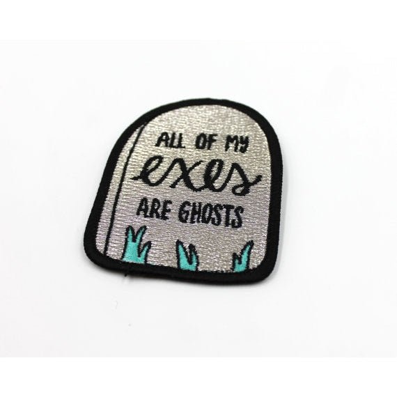 All of My Exes Are Ghosts Iron On Patch in Tombstone Shimmery Grey