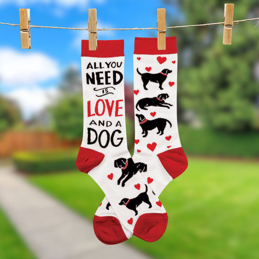 All you Need Is Love And A Dog Colorfully Printed Socks Funny Novelty Socks with Cool Design, Bold/Crazy/Unique Dress Socks