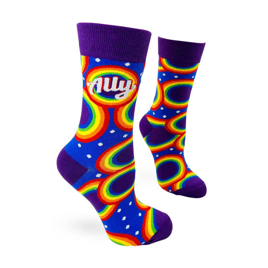 Ally Women's Novelty Crew Socks in Purple and Rainbow Design | LGBT Community Supporters