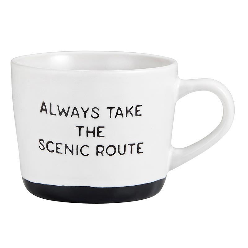 Always Take The Scenic Route Cozy Mug in White with Black Base | Stoneware Coffee Tea Cup | 15oz