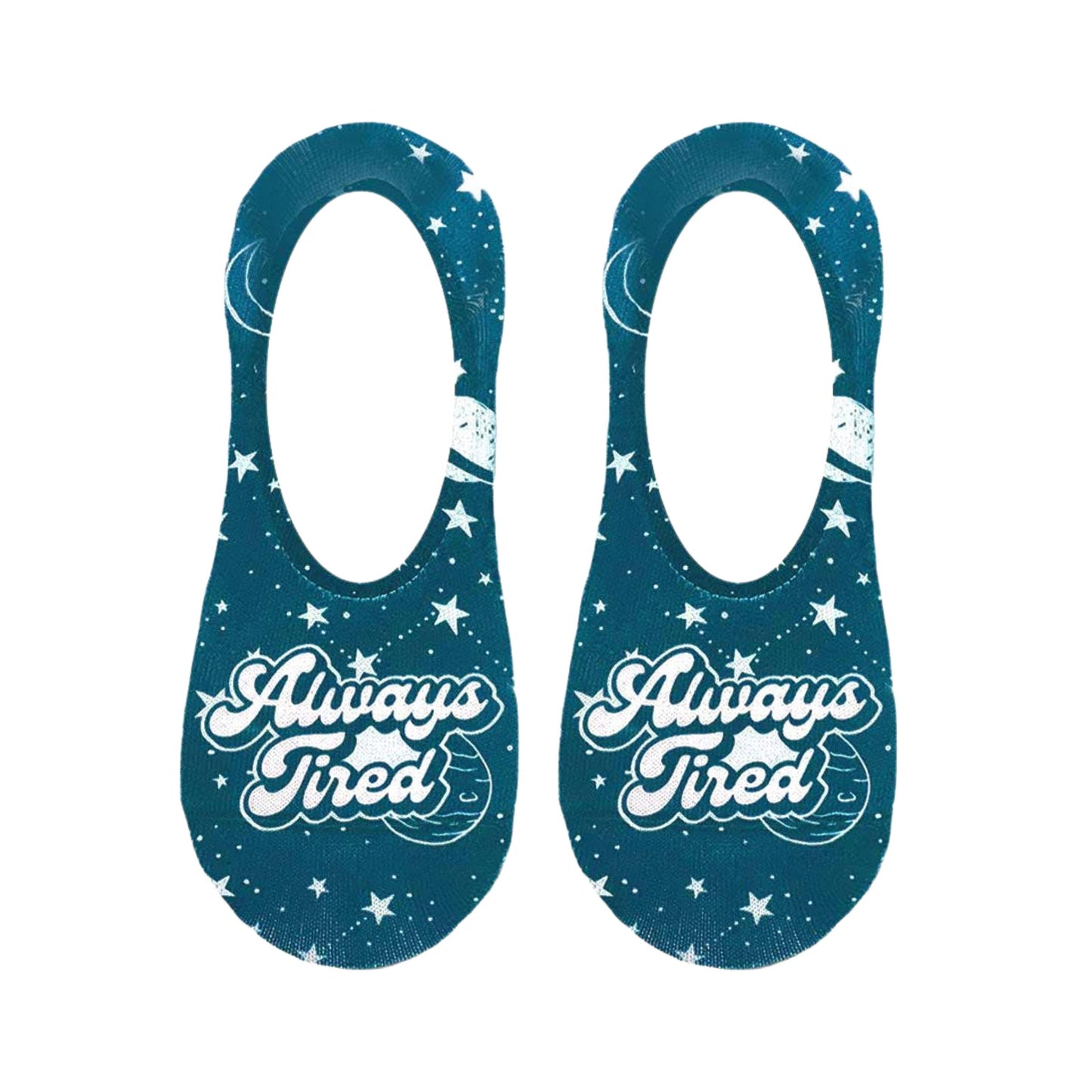 Always Tired No-Show Outer Space Liner Socks in Teal | No-slip Grip Footies Invisible Half Socks