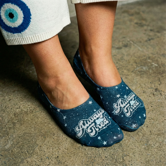 Always Tired No-Show Outer Space Liner Socks in Teal | No-slip Grip Footies Invisible Half Socks