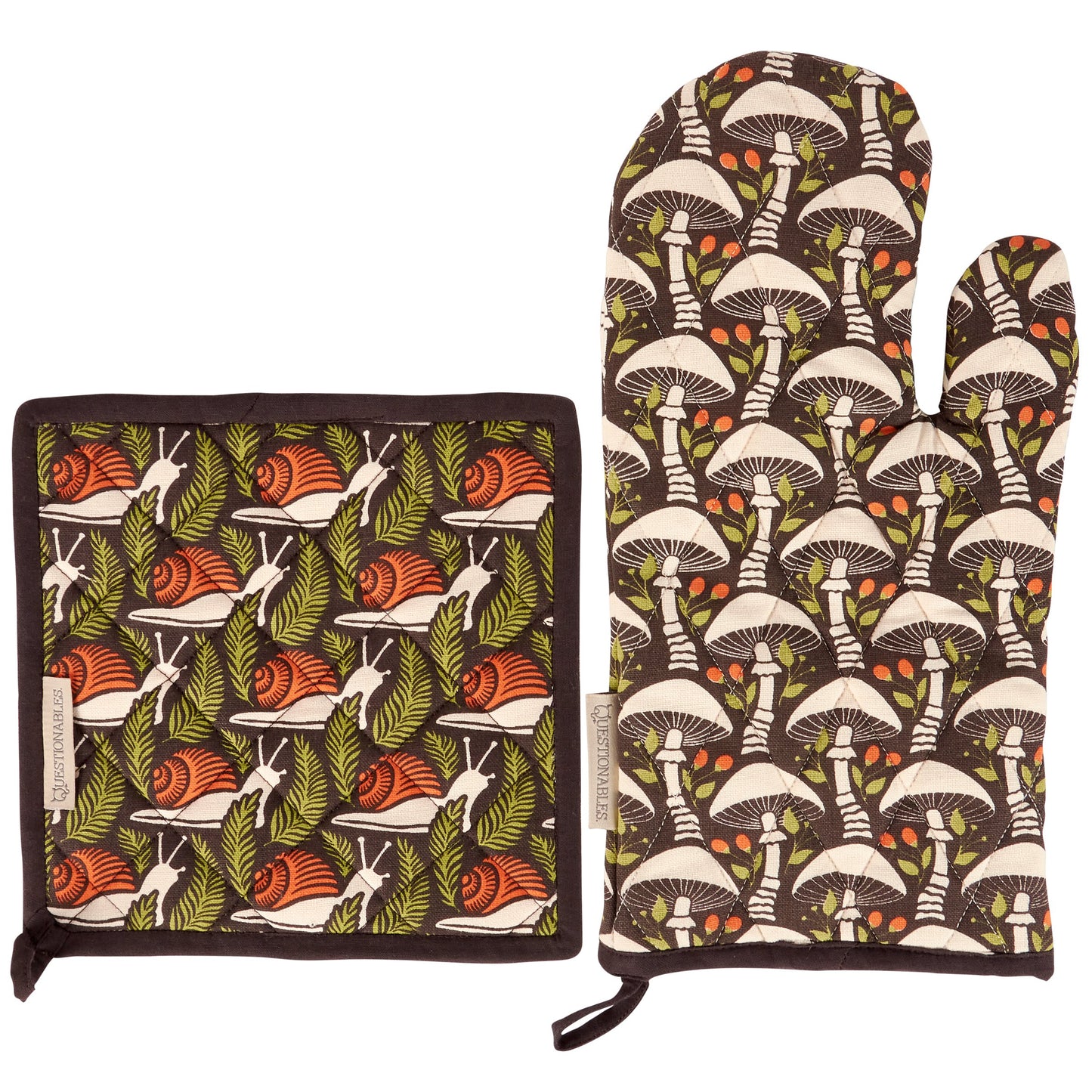 Set of oven mitt and pot holder with  snail and mushroom pattern on a white background