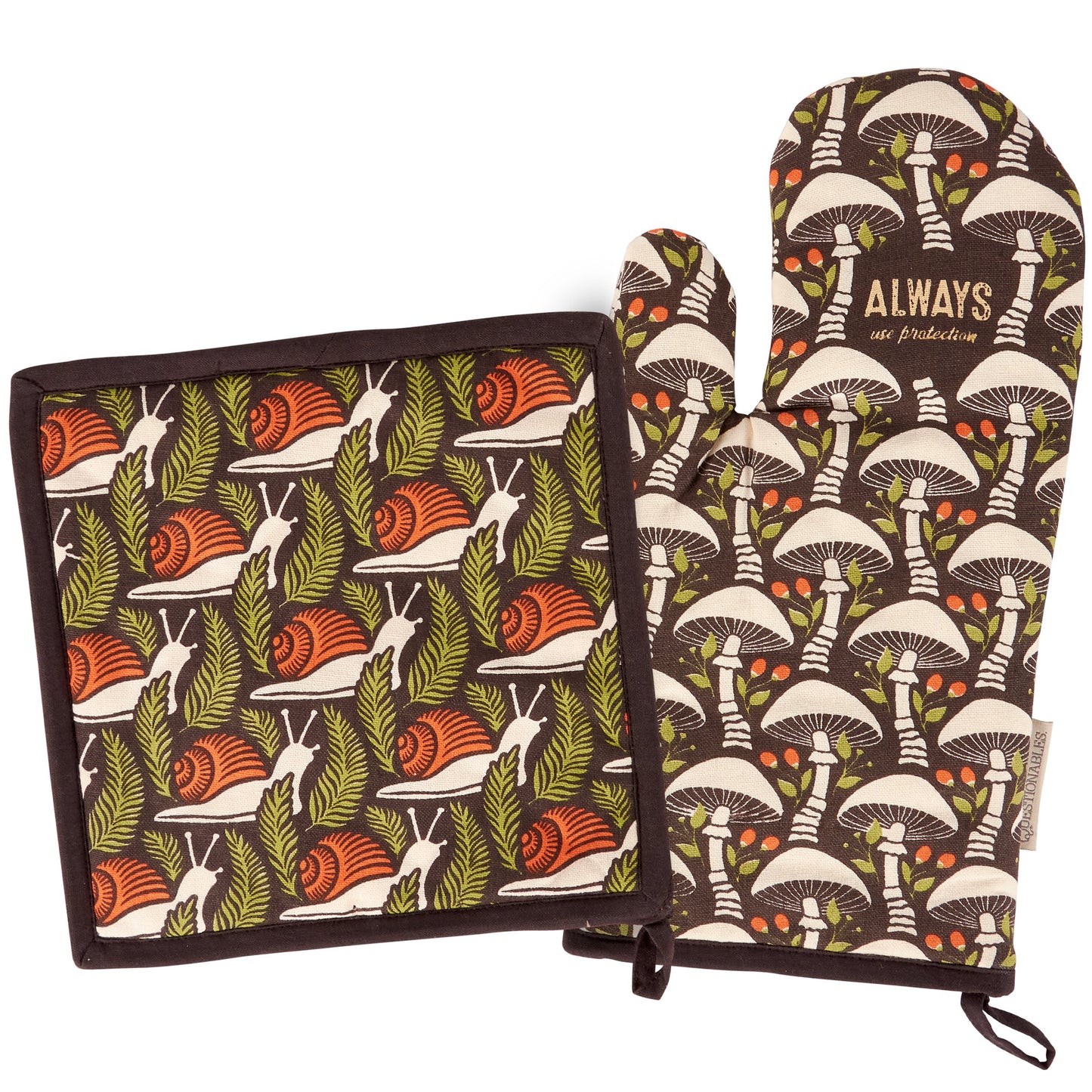 Set of pot holder and oven mitt with nature-themed designs on a white background