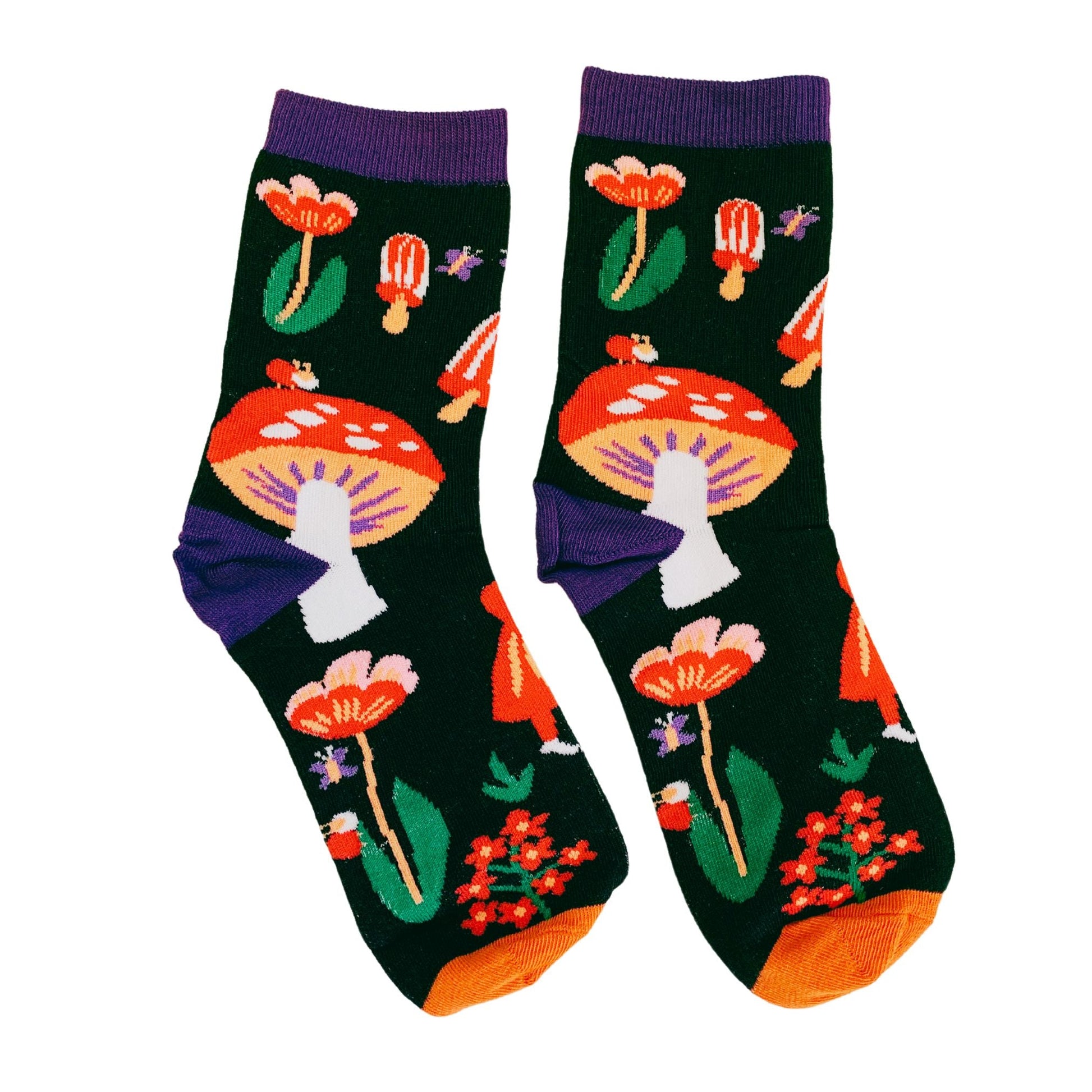 Amanita Trippy Mushroom Black Cotton Crew Socks | Dark Botanical Aesthetic | Poisonous Mushroom