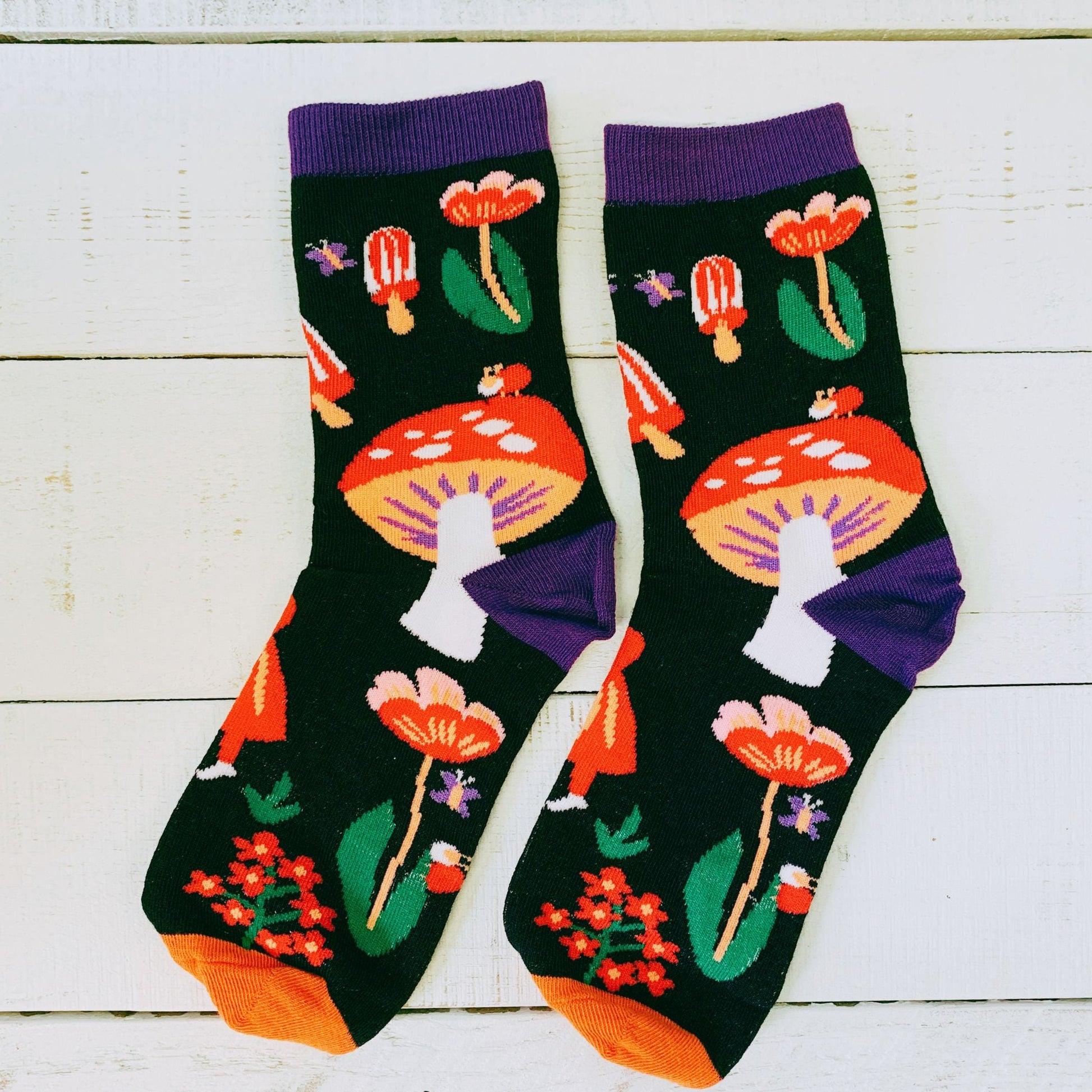 Amanita Trippy Mushroom Black Cotton Crew Socks | Dark Botanical Aesthetic | Poisonous Mushroom