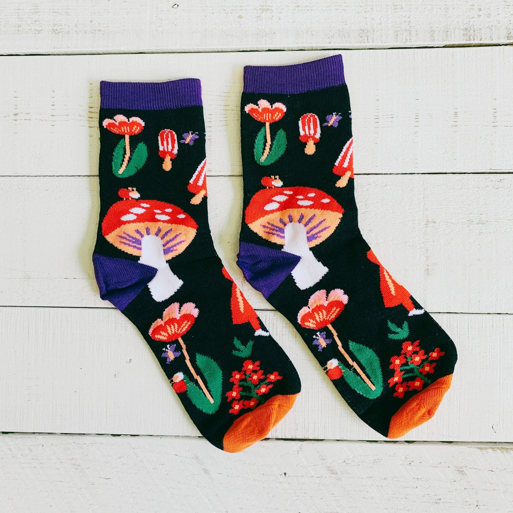 Amanita Trippy Mushroom Black Cotton Crew Socks | Dark Botanical Aesthetic | Poisonous Mushroom