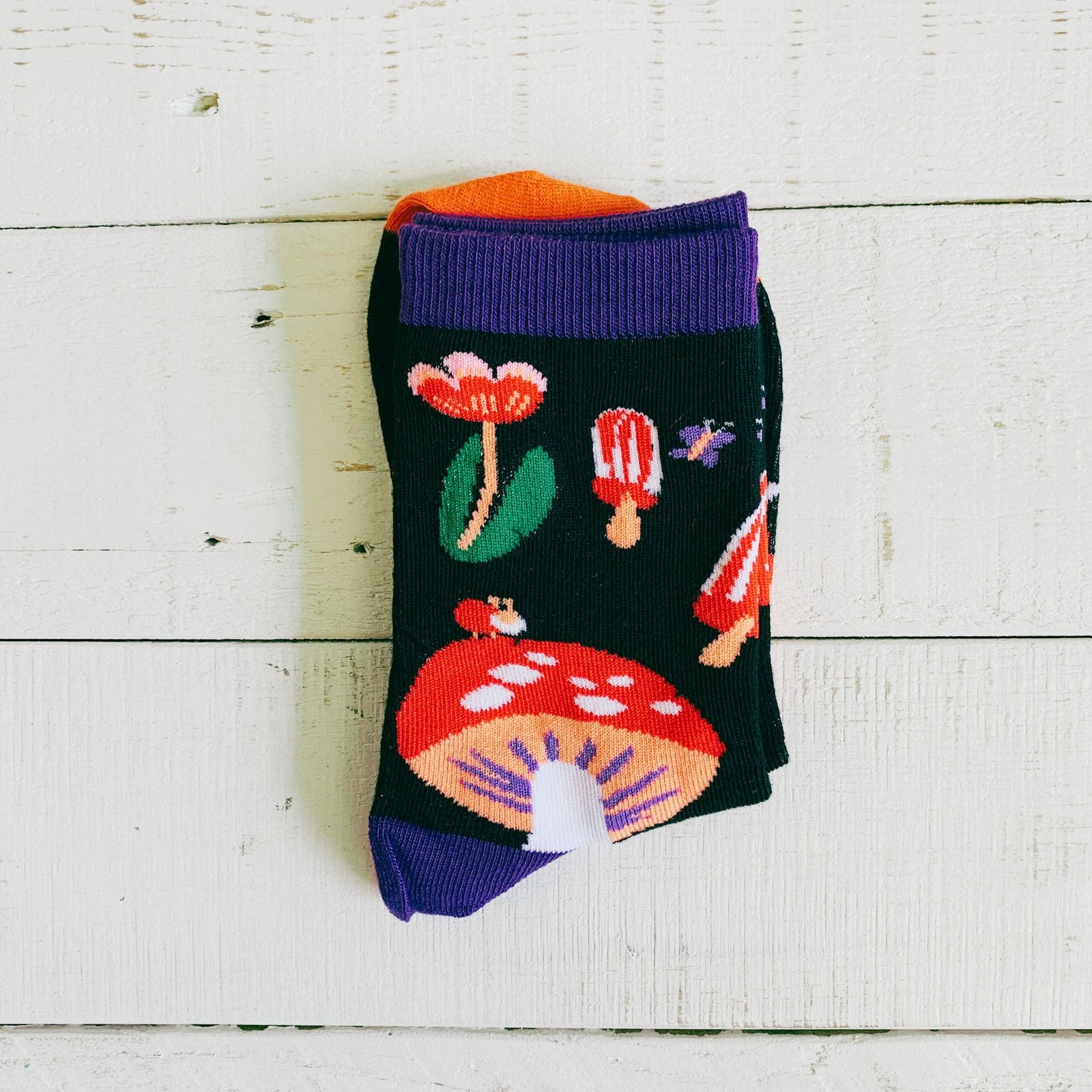 Amanita Trippy Mushroom Black Cotton Crew Socks | Dark Botanical Aesthetic | Poisonous Mushroom