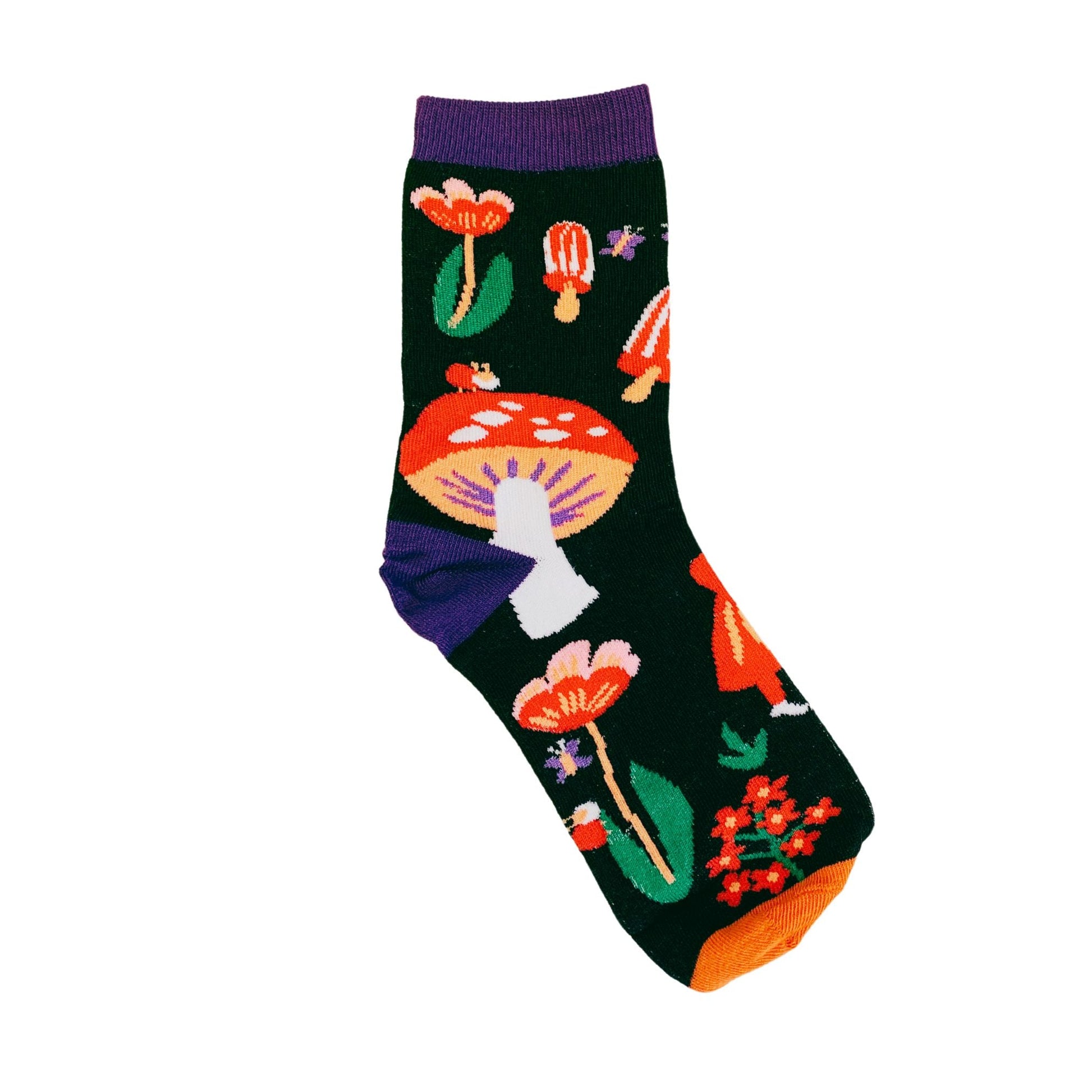 Amanita Trippy Mushroom Black Cotton Crew Socks | Dark Botanical Aesthetic | Poisonous Mushroom