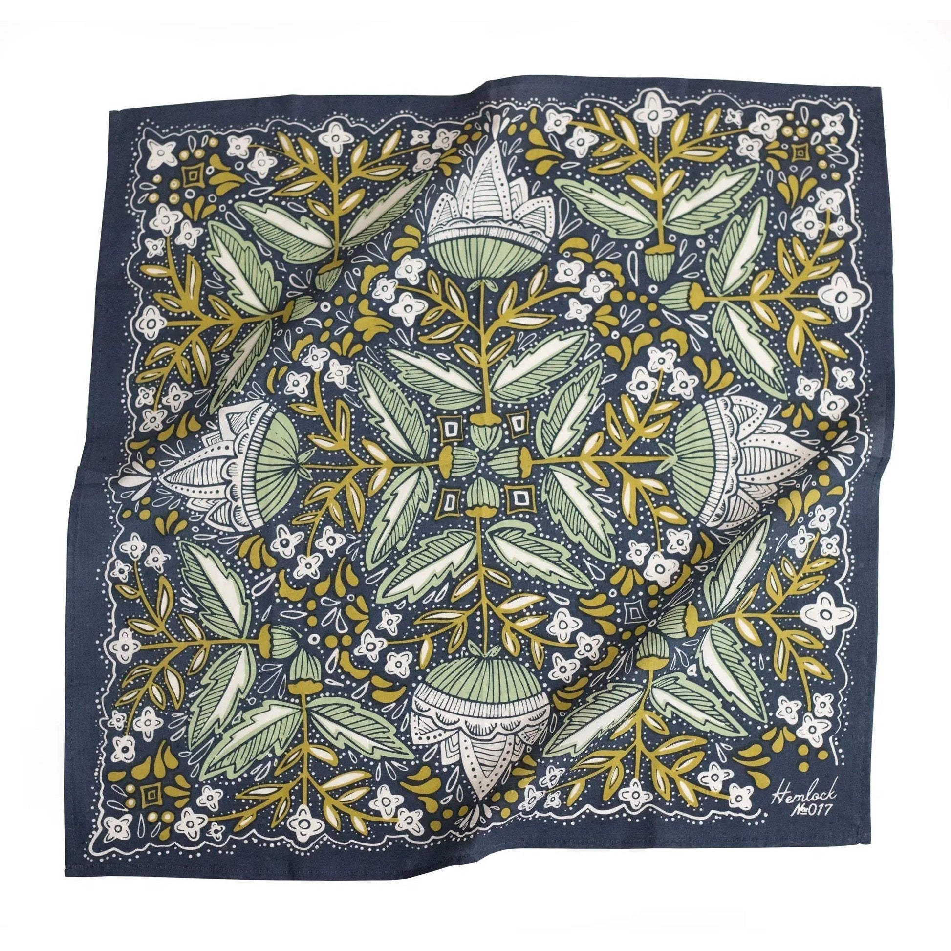 Amelia in Blue with Gold & Green Flowers Bandana | 22" x 22" Premium Cotton