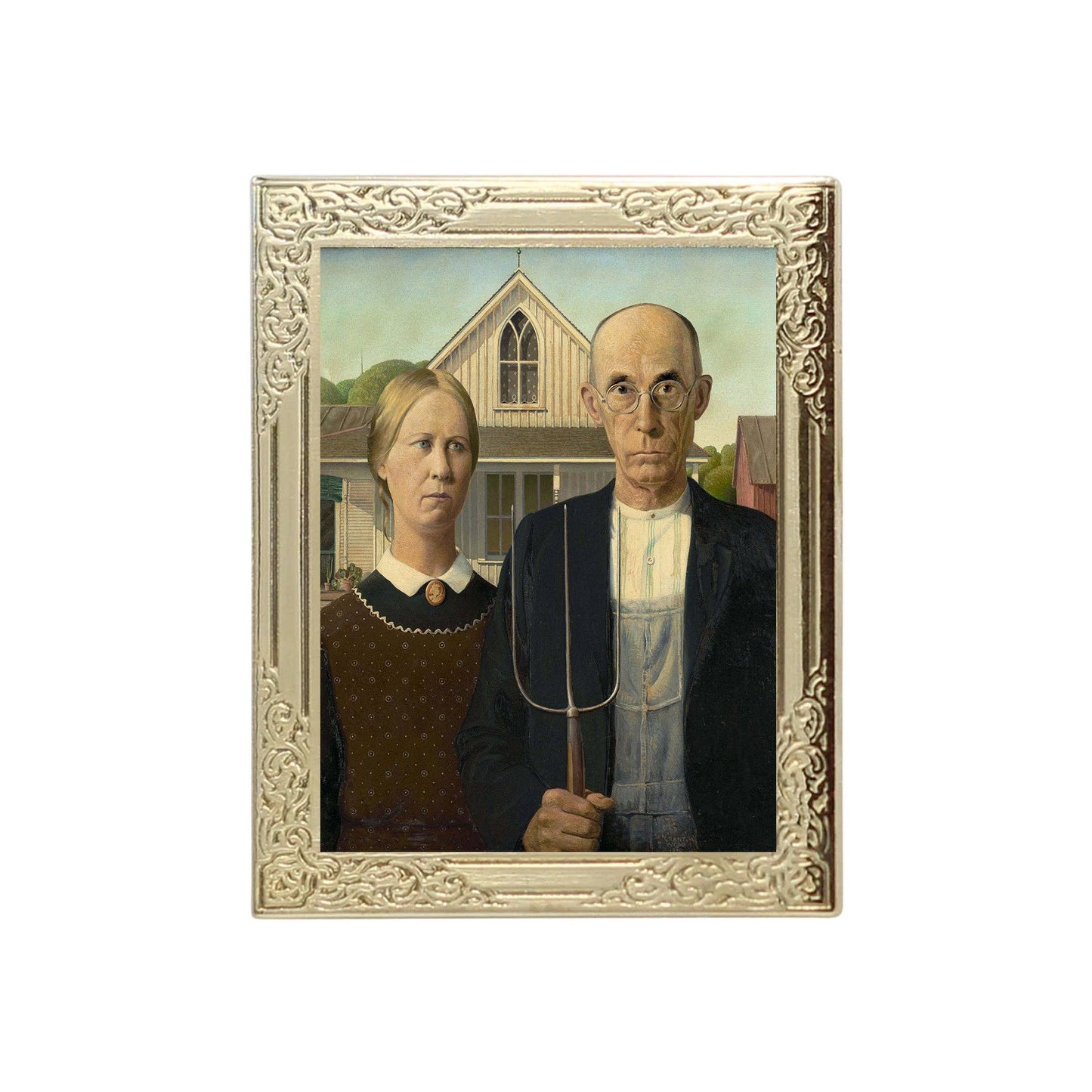 Lapel pin of a framed painting of a couple in front of a house