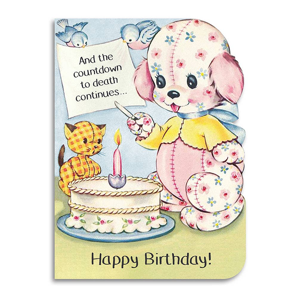 Vintage-style birthday card with cartoon puppy and cat near a cake, featuring humorous text.