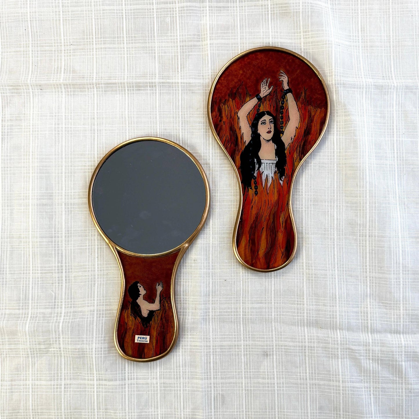 Anima Sola Large Hand Mirror | Hand-Painted Reverse Glass "Lonely Soul", Made in Peru