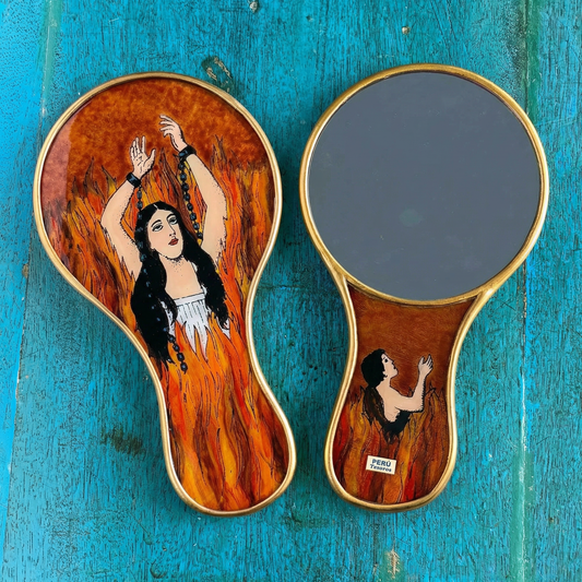 Anima Sola Large Hand Mirror | Hand-Painted Reverse Glass "Lonely Soul", Made in Peru
