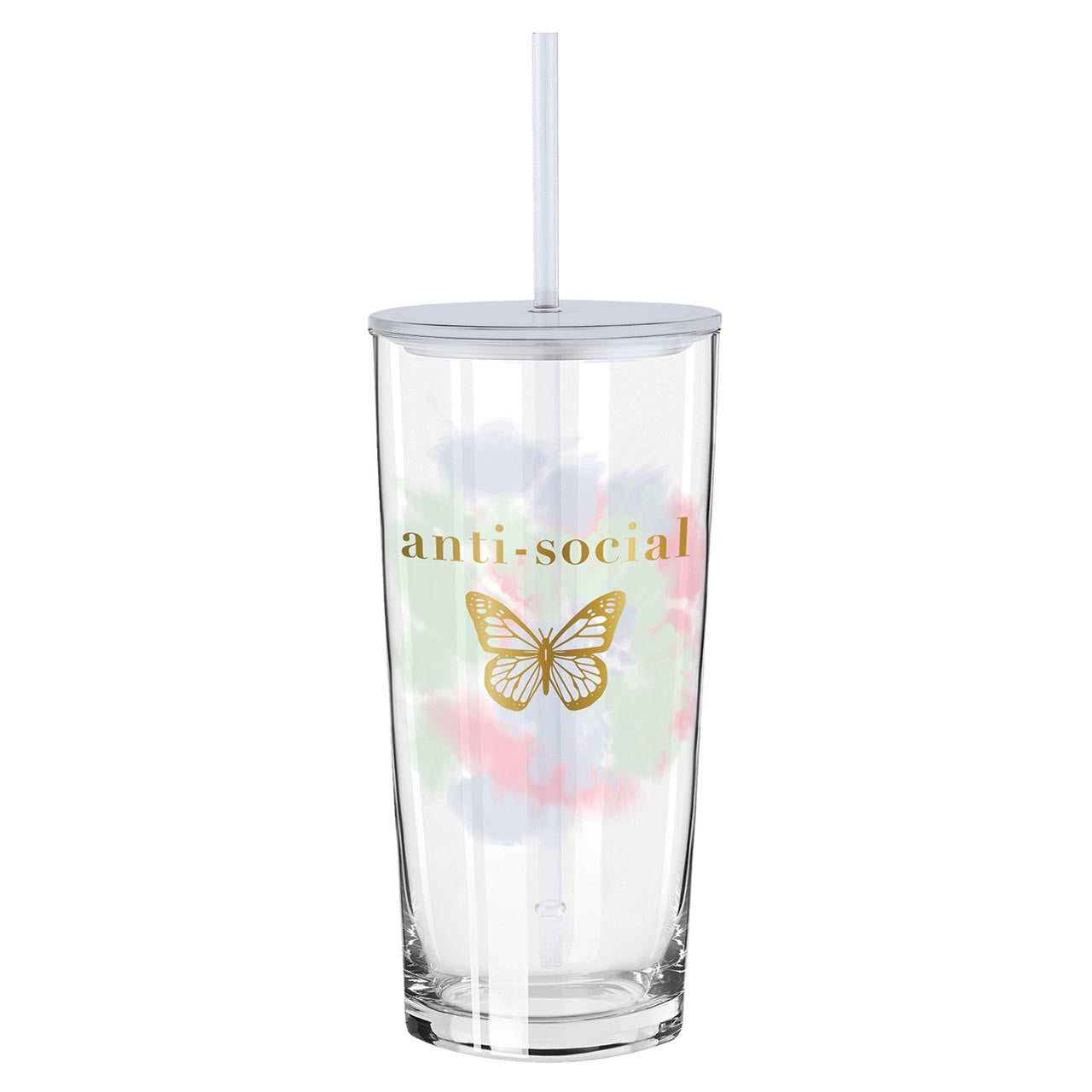 Anti-Social Butterfly Glass Tumbler with Straw | Iced Coffee or Cocktail Glass | 20oz