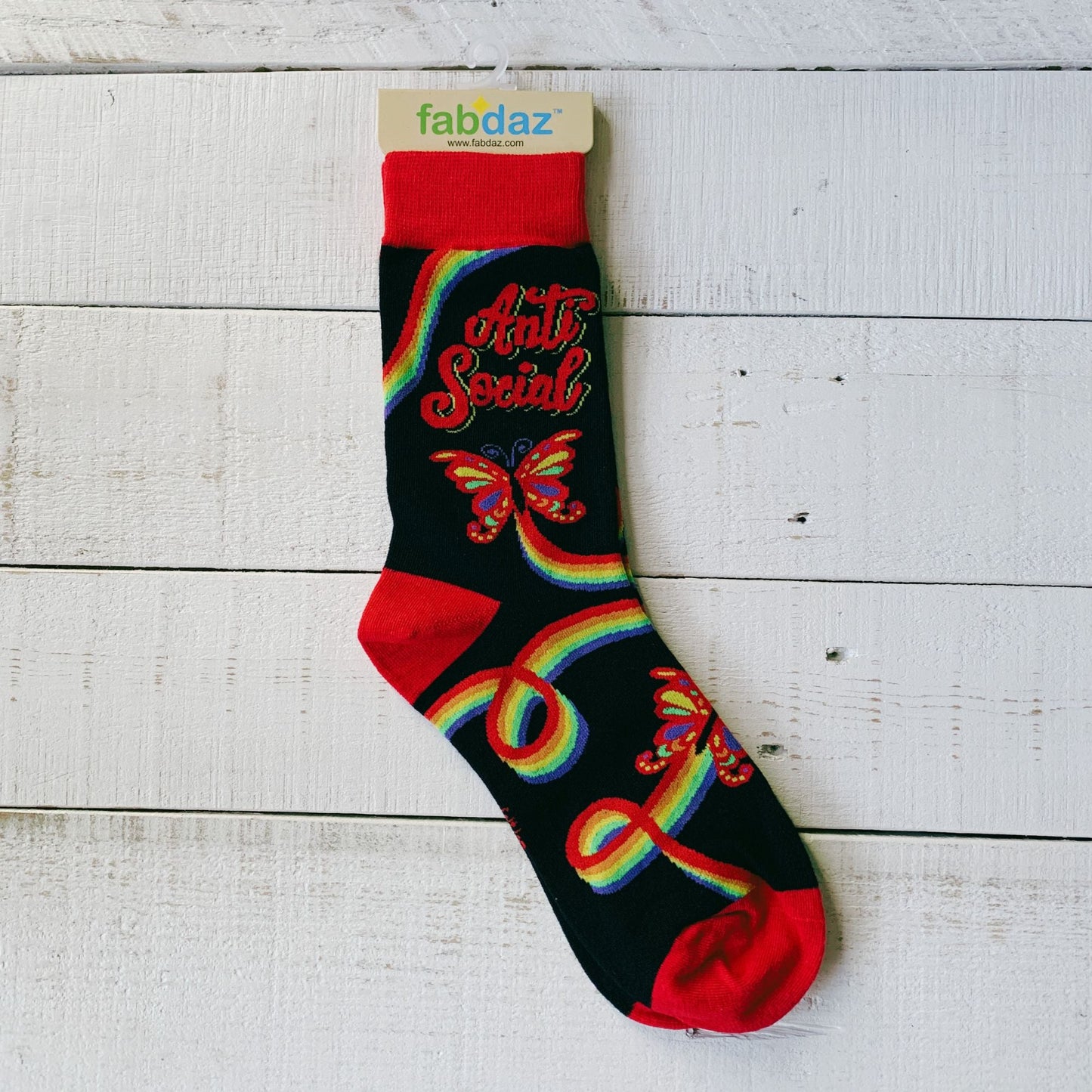 Anti Social Butterfly Women's Crew Socks | Black and Red Ladies Novelty Socks
